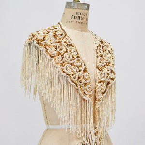 Vintage Gold Pearl White Cream Beaded Sequin Shawl Wrap Burlesque Wedding Flapper Gold Metallic Beaded Wedding Vintage Fringe Collar Shawl image 5