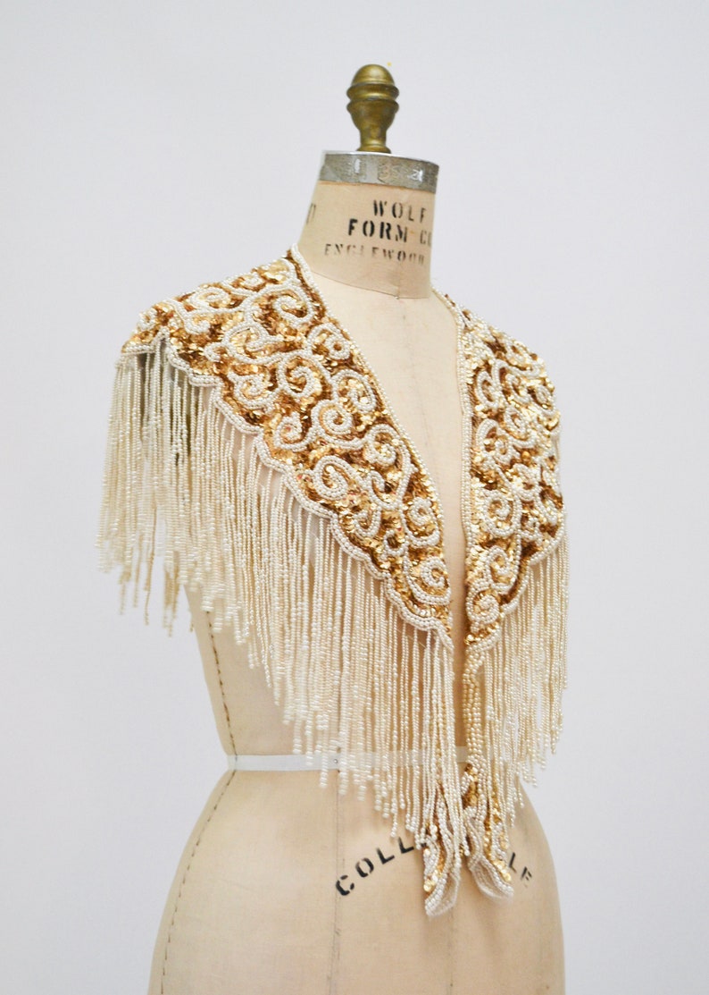 Vintage Gold Pearl White Cream Beaded Sequin Shawl Wrap Burlesque Wedding Flapper Gold Metallic Beaded Wedding Vintage Fringe Collar Shawl image 5