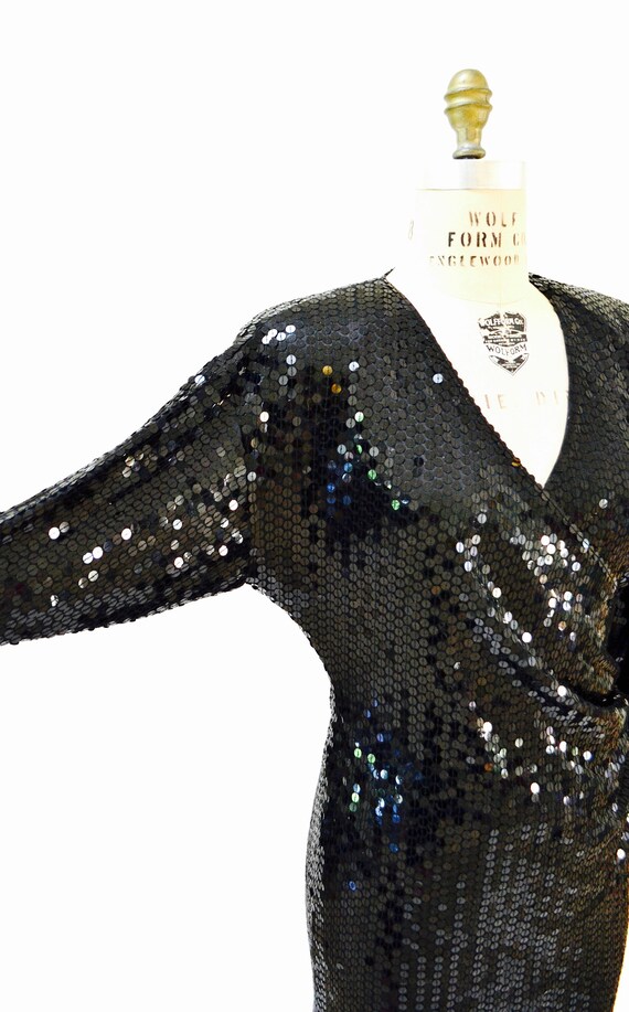 80s 90s Vintage Black Sequin Dress Wrap Dress Med… - image 5