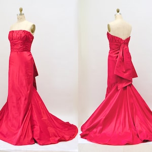 90s 2000s Vintage Strapless Red Silk Gown Dress Evening Ball Gown Small Medium Melinda Eng Strapless Gown Dress Long Red Train Dress image 1