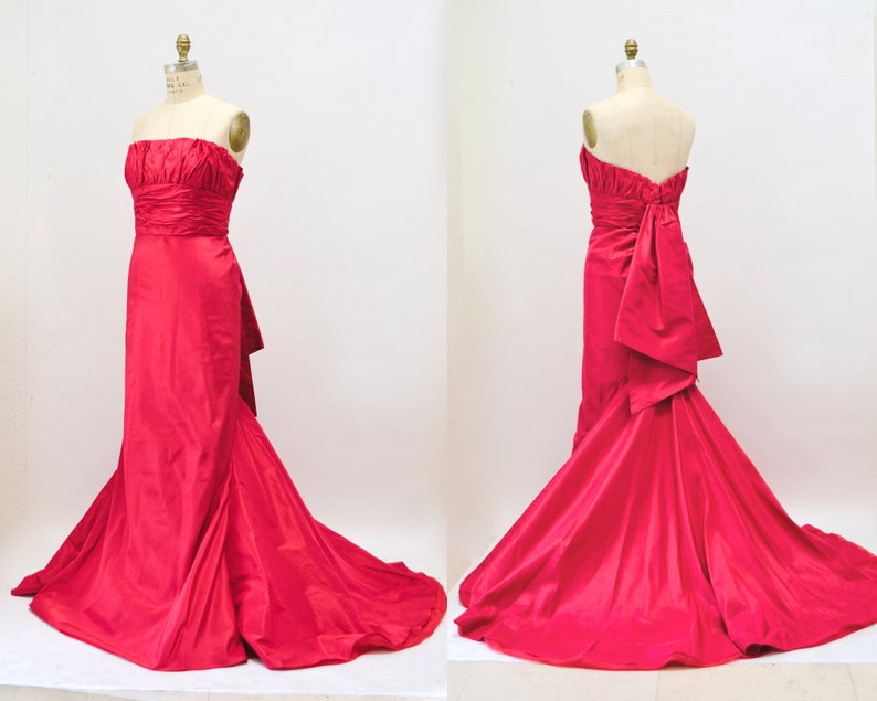 90s 2000s Vintage Strapless Red Silk Gown Dress Evening Ball Gown Small Medium Melinda Eng Strapless Gown Dress Long Red Train Dress image 1