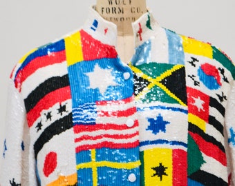 80s 90s Vintage Flag Sequin Jacket USA WORLD Flag Medium by