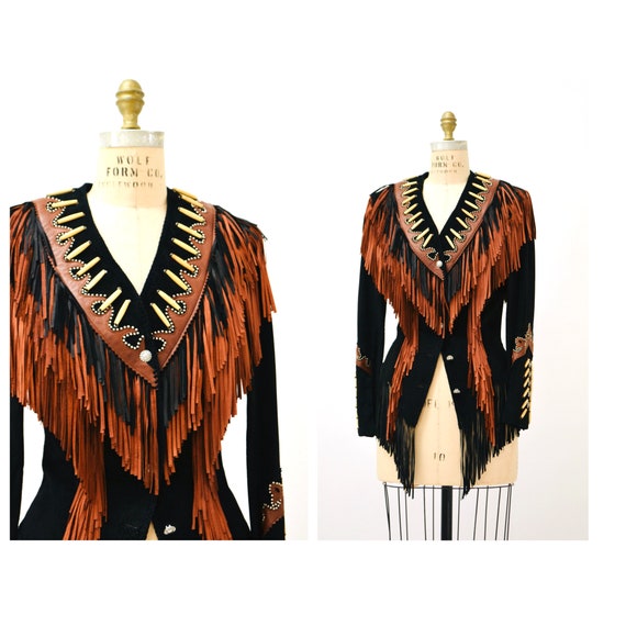 Amazing 80s 90s Vintage Black Studded Fringe Leather Jacket 