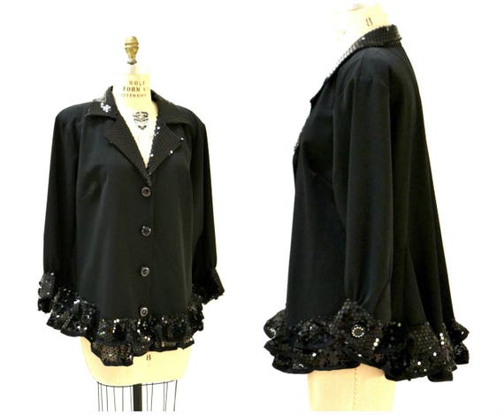 Vintage Black Sequin Jacket Size XL XXL// Black Se