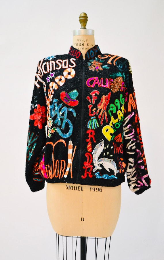 80s 90s Pop Art Vintage Sequin Jacket Black with … - image 8