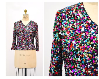 90s 2000s Y2K Vintage Camisa de lentejuelas metálicas Top Rainbow Colors Pink green blue Stars Pop art // Vintage Metallic Sequin top Size Petite Large