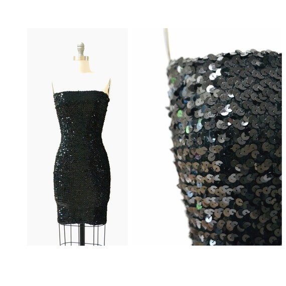 80s 90s Vintage Black Sequin Dress Strapless Sequi