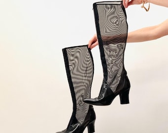 1970s 80s Vintage Knee High Boots Size 38 7  7 1/2 Ombeline Maud Frizon Black Mesh and Leather Boots High Heel Knee High Black Leather Boots
