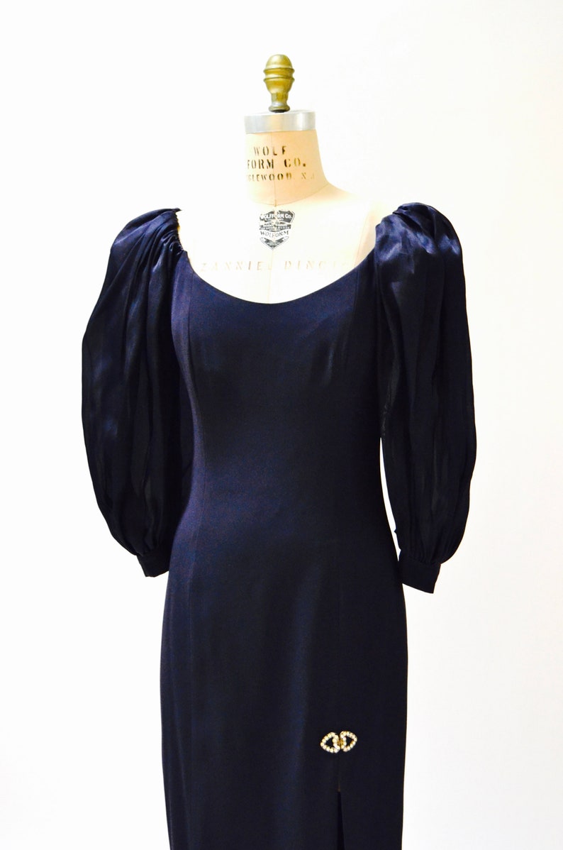 80s Vintage Party Prom Dress Medium Large Dark Navy Blue Poof Sleeves // Vintage 1980s Evening Gown Large Trophy Wife Dress Dynasty Dress image 10