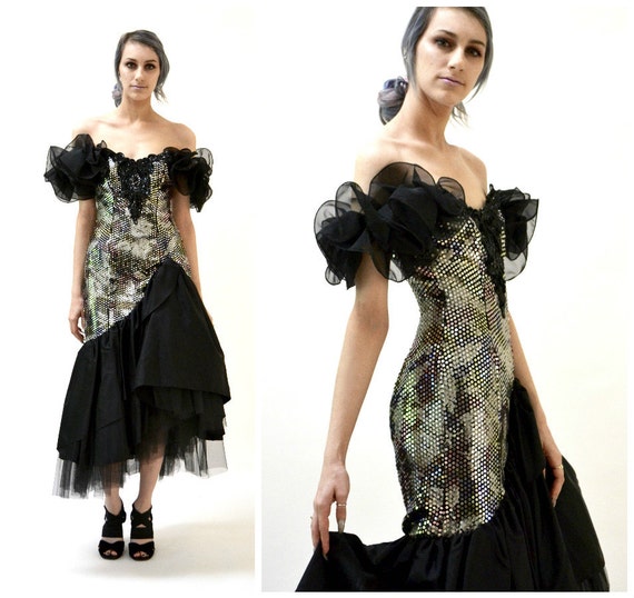 Vintage 80s Prom Dress Black Silver Metallic Sequi