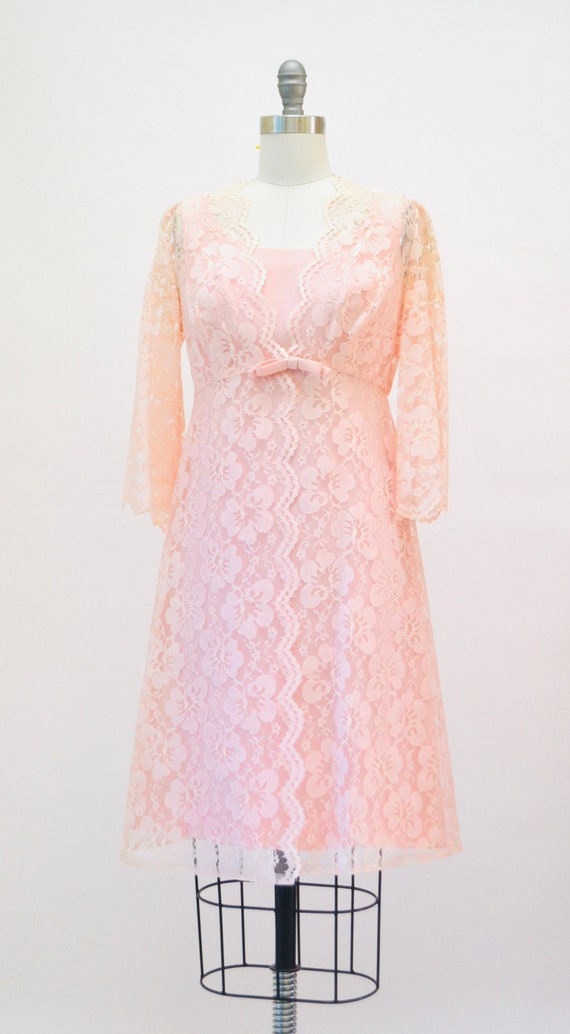 60s 70s Vintage Pink Lace Party Cocktail Dress si… - image 3