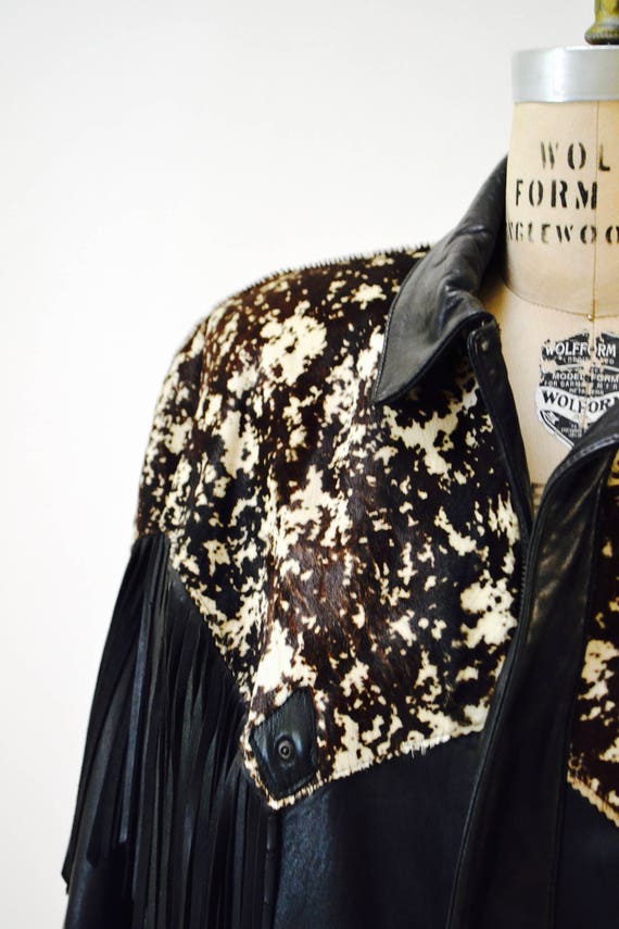 Vintage Black Leather Jacket Fringe Michael Hoban… - image 8