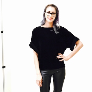 80s Black oversized Velvet Shirt Blouse Size Small by Bis // 80s 90s Vintage Black Velvet Shirt Small Medium Rayon