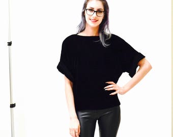 80s negro sobredimensionado camisa de terciopelo blusa tamaño pequeño por Bis // 80s 90s Vintage negro terciopelo camisa pequeño rayón medio