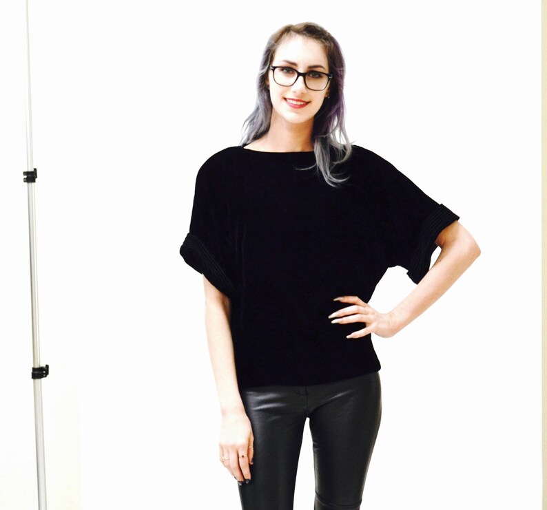 80s Black oversized Velvet Shirt Blouse Size Small by Bis 80s 90s Vintage Black Velvet Shirt Small Medium Rayon
