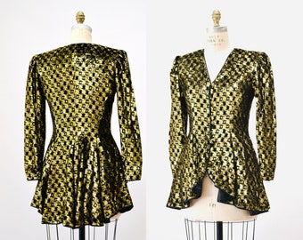 80s 90s Vintage Black Gold Velvet Metallic Jacket XS Small// Black Velvet Gold Metallic Peplum 80s 90s Glam Jacket Size XS Small