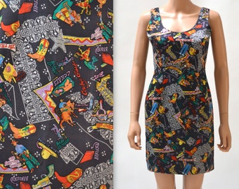 90s vintage Printed Tank Dress Silk Dress by Nicole Miller Small with Cowgirl Cowboy Western Rodeo Print// 90s Black Silk Sleeveless Dress