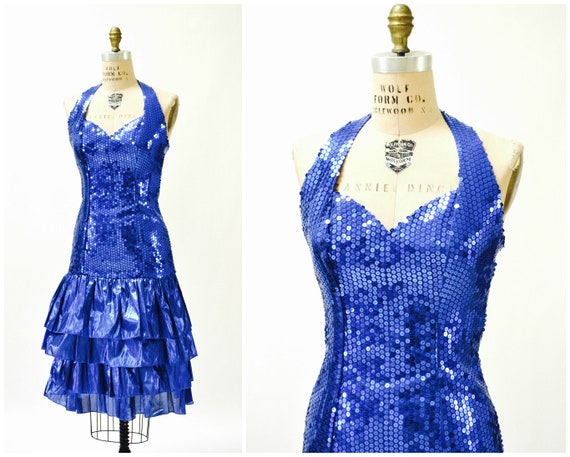 80s Vintage Prom Dress Blue Sequin Metallic Dress