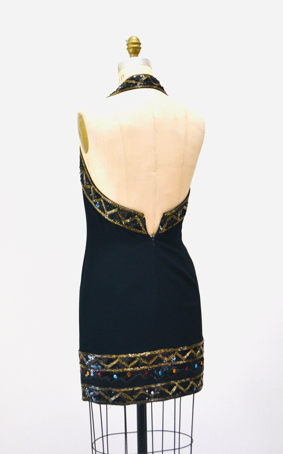 90s Vintage Black Halter Dress Sequin Beaded Meta… - image 8