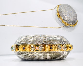 Vintage Judith Leiber Gold Bow Evening Bag Swarovski Crystal Minaudiere Gold Bow Silver Gold Clutch Bag Purse Wedding Bag Oval Bow Clutch