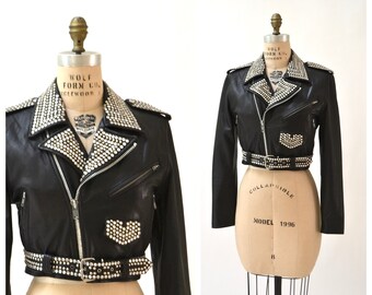 Vintage Black Leather Biker Jacket Silver Studs Rhinestones