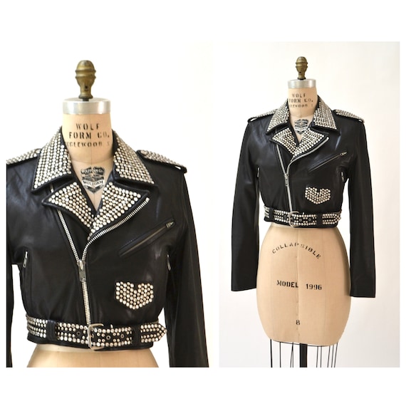 Vintage Black Leather Biker Jacket Silver Studs Rhinestones