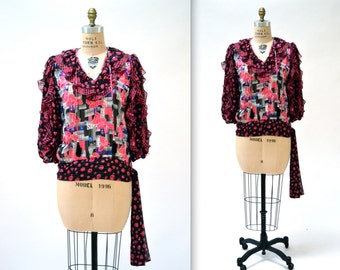 80s 90s Vintage Ruffle Floral Print Peasant Top Shirt Pink Black Size Medium Large 80s Vintage Diane Freis// Vintage Metallic Ruffle Shirt