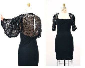 70s 80s Vintage Black Sequin Dress Gerald Franklin Small Medium// 70s 80s Black Sequin Dress Black Knit 70s Disco Cocktail Body Con Dress