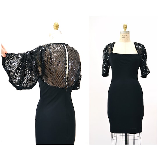 70s 80s Vintage Black Sequin Dress Gerald Frankli… - image 1