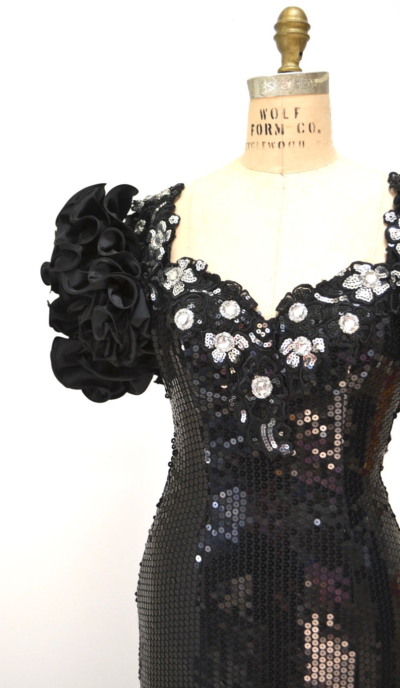 80s Vintage Black Prom Dress Sequin Dress Evening Gown 80s Small// 80s Pageant Dress Black Sequins Ruffle Barbie Drag Queen Alyce Designs zdjęcie 4