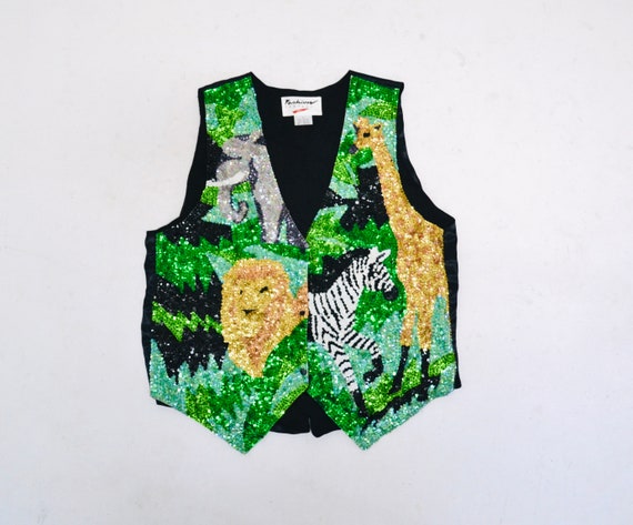 80s 90s Vintage Black Sequin Vest Lions Zebras Gi… - image 2