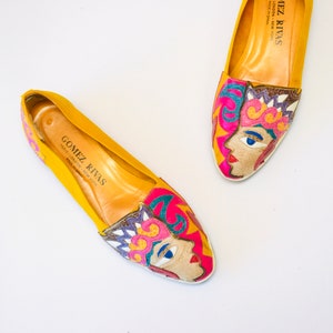 80s 90s Vintage Yellow Face Leather Flats by Gomez Rivas Size 7 1/2 8 yellow Rainbow Leather Shoes Flats Tropical Face Pop Art Leather Shoes image 2