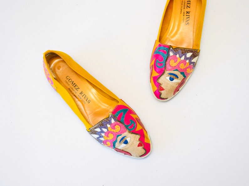 80s 90s Vintage Yellow Face Leather Flats by Gomez Rivas Size 7 1/2 8 yellow Rainbow Leather Shoes Flats Tropical Face Pop Art Leather Shoes image 2