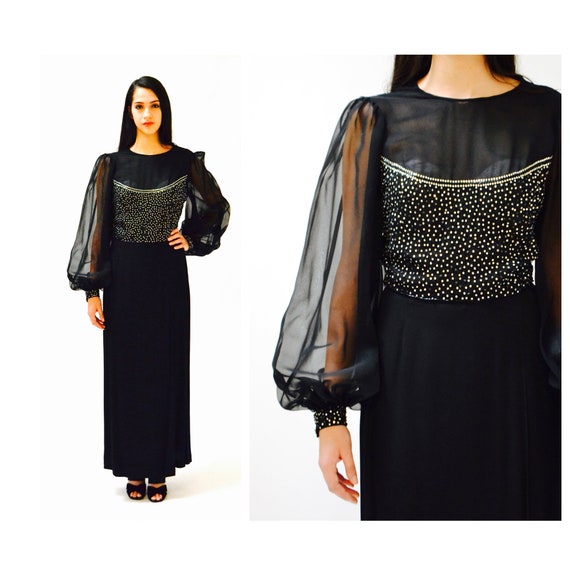 Vintage 60s 70s Dress Black Evening Gown Dress Rh… - image 1