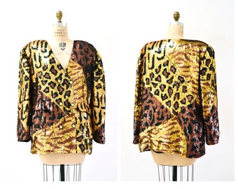 80s 90s Vintage Sequin Jacket Black Large XL Leopard Cheetah Animal Pattern// 90s GLam Metallic Sequin Jacket XL Plus Size French Collizioni