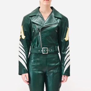 Vintage Leather Motorcycle Jacket and Pants by North Beach Michael Hoban// Vintage Green Gold Metallic Leather Moto Angel Wings Leather Suit image 9