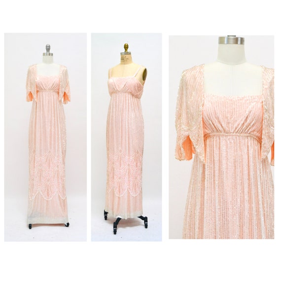 1970s Alfred Bosand Densely Beaded Sequinned & Embroidered Gold & Floral Dress