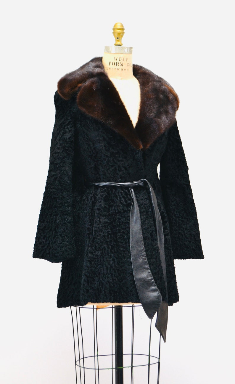 Vintage Black Persian Lamb Mink Fur Collar Coat Jacket Black Brown Broadtail leather Belted Jacket Trench Small Medium By Galleries Furs image 4