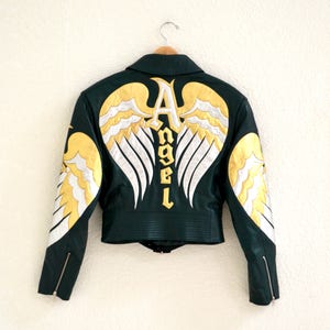 Vintage Leather Motorcycle Jacket and Pants by North Beach Michael Hoban// Vintage Green Gold Metallic Leather Moto Angel Wings Leather Suit image 7