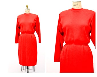 80s Vintage Red St John Dress Saks Fifth Avenue Red Knit Dress by St John // 80s Red Sweater Knit Dress Small Medium 80s Glam Designer Dress