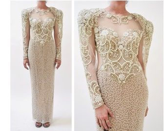 80s 90s Vintage White Beaded Gown Dress Small Medium Lillie Rubin // Vintage Wedding Gown White Sheer Beaded Long Dress Sleeves Pageant