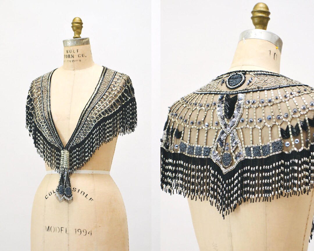 Vintage Silver Black Beaded Fringe Shawl Wrap 80s 90s Showgirl Etsy