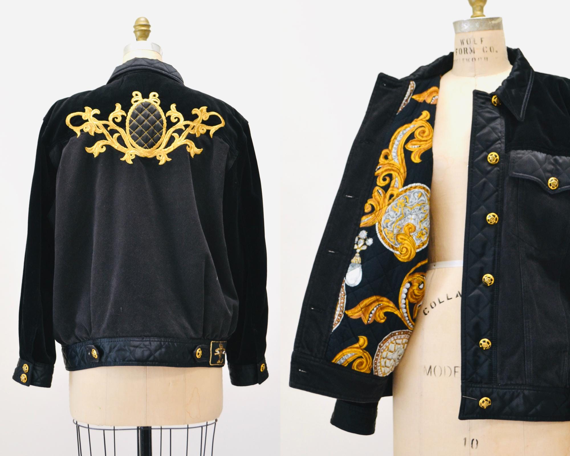 Vintage 80s 90s Black Gold Denim Jacket Quilted Black Jacket