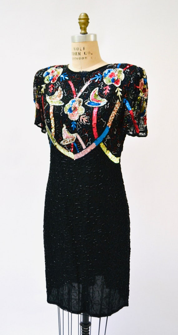 Vintage Black Sequin Beaded Dress Large Flower Be… - image 4
