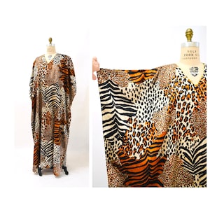 80s 90s Vintage Animal Print Dress Caftan Kaftan Beach Cover Up Large XL PLUS SIZE // Vintage Leopard Print Caftan Kaftan Dress Large xl image 1