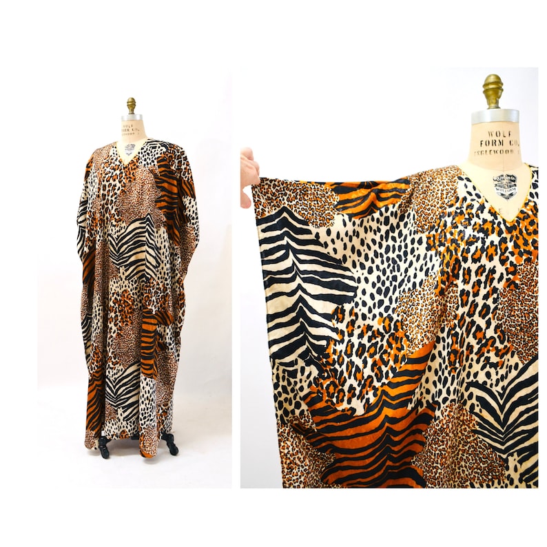 80s 90s Vintage Animal Print Dress Caftan Kaftan Beach Cover Up Large XL PLUS SIZE // Vintage Leopard Print Caftan Kaftan Dress Large xl image 1