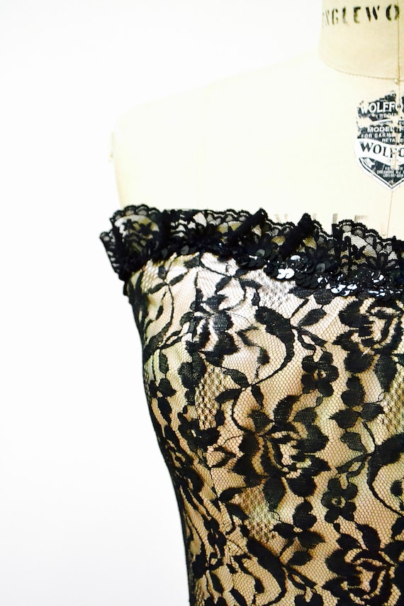 Vintage 80s Prom Dress Strapless Black Lace Sequi… - image 5