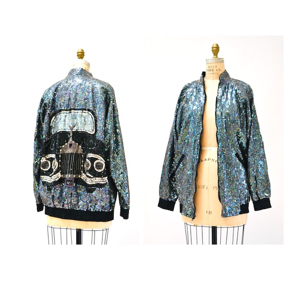 80s 90s Vintage Sequin Jacket With Rolls Royce Car Hologram