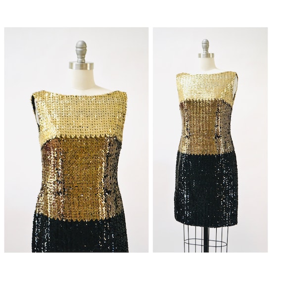 60s Vintage Black Sequin Party Dress Small Black … - image 2