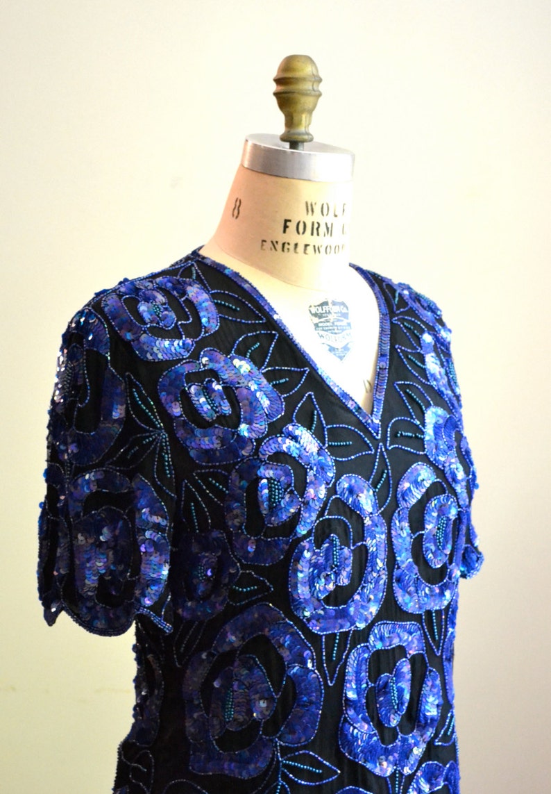 Vintage Sequin Shirt Top Black and Blue Sequin shirt Size Medium// 80s 90s Vintage Sequin Shirt in Black and Blue Art Deco Flapper Inspired image 2